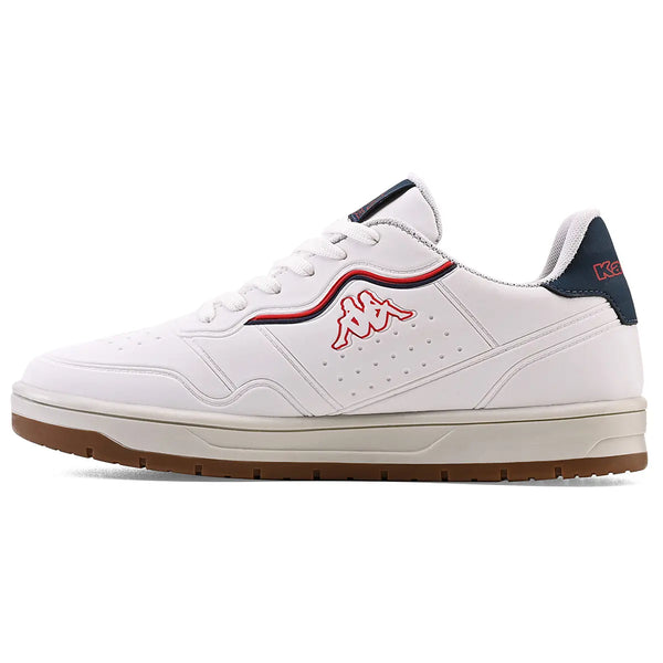Tênis Kappa branco com detalhes vermelhos e azul marinho, composição confortável e estilo casual para o dia a dia.