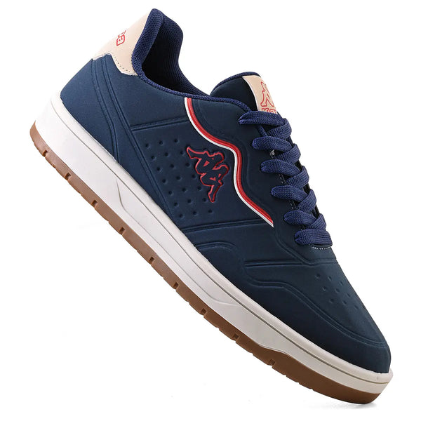 Tênis azul marinho esportivo com detalhes brancos e vermelhos, confortável e ideal para atividades físicas.