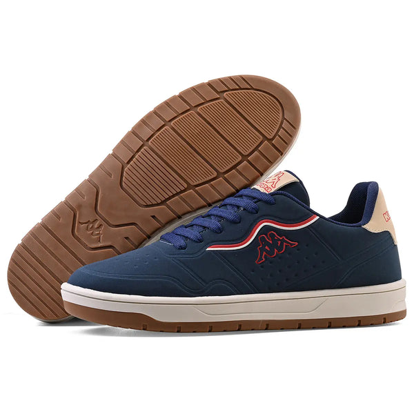 Tênis Kappa com design moderno na cor azul marinho e detalhes em vermelho e branco, solado antiderrapante de borracha, ideal para dia a dia.