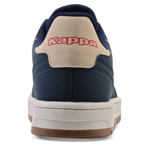 Tênis azul marinho da Kappa, vista de trás, com sola de borracha e detalhes em branco e vermelho, adequado para uso casual e esportivo.