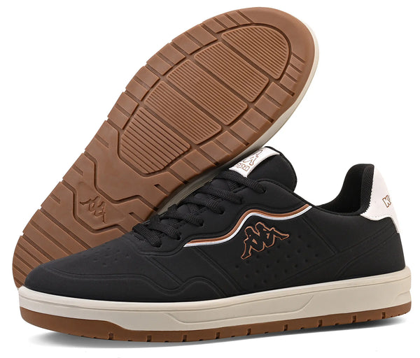 Tênis casual preto com detalhes brancos e logo da Kappa em destaque, ideal para uso diário e esportivo, com sola antiderrapante.
