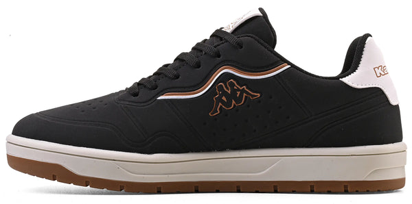 Tênis esportivo preto da Kappa com detalhes brancos e acento em marrom, modelo casual e confortável para uso diário.