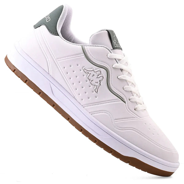 Tênis branco com detalhes cinza e sola marrom, ideal para corrida e uso diário, com design moderno e confortável.