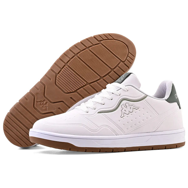 Tênis branco com detalhes em cinza e sola de borracha marrom, ideal para esportes e moda casual, com destaque para o logo da marca Kappa na lateral.
